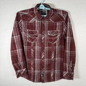 BKE Vintage Western Shirt Mens Large Red Plaid Pearl Snap Long Sleeve Rockabilly